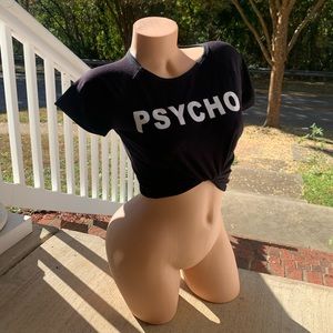 Psycho Logo Tee Slogan Crop Top T-shirt Crazy Wild Black Shirt Fitted Sexy Hot